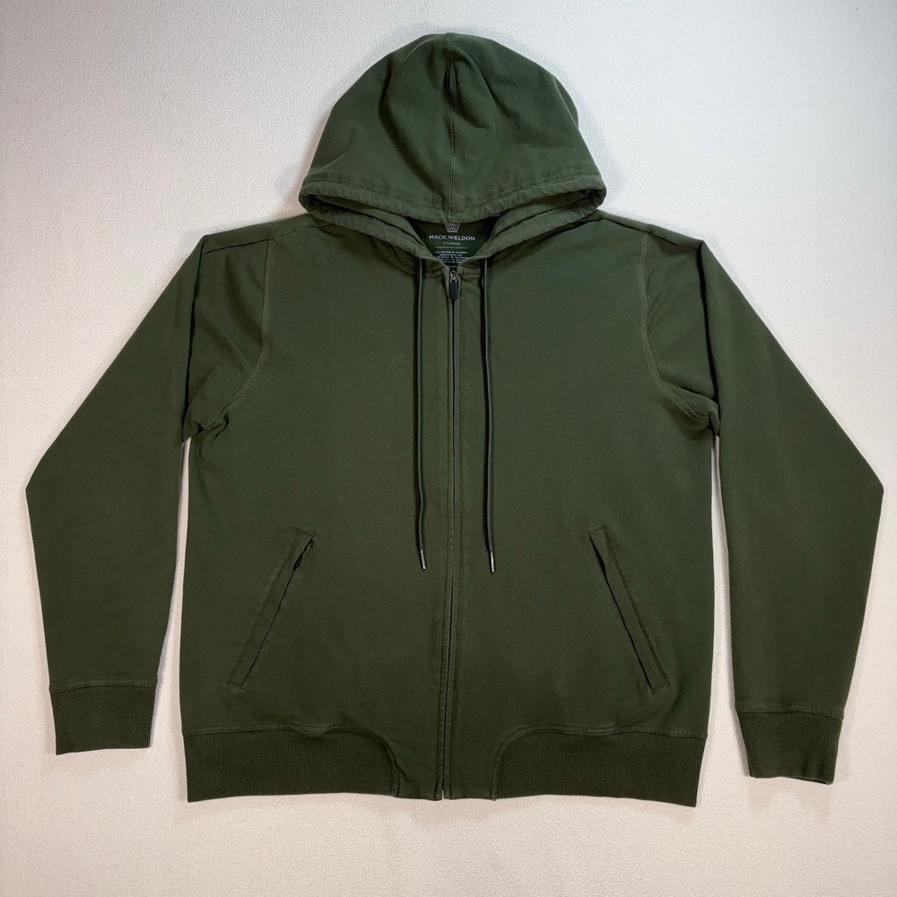 Mack Weldon Full Zip Hoodie Mens XL Green Stretch Pockets Drawstring Logo *STAIN